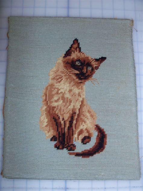 Vintage Cats Needlepoint Picture Finished Completed Decor Siamese Cat