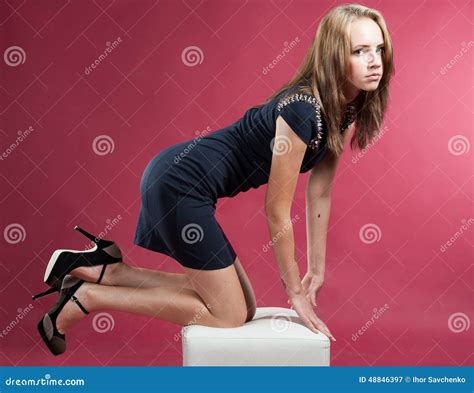 Beautiful Slender Graceful Girl On Her Knees Stock Image Image Of