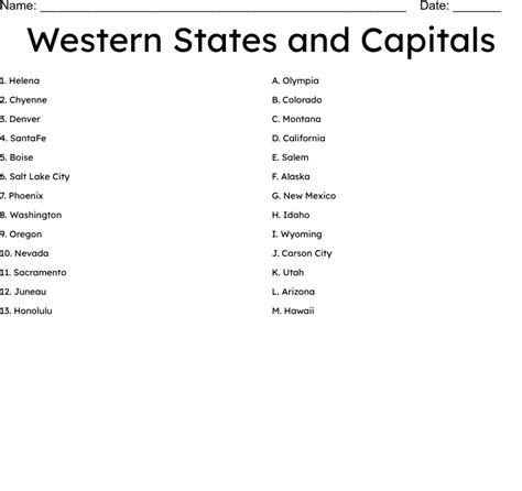 Western States And Capitals Worksheet Wordmint