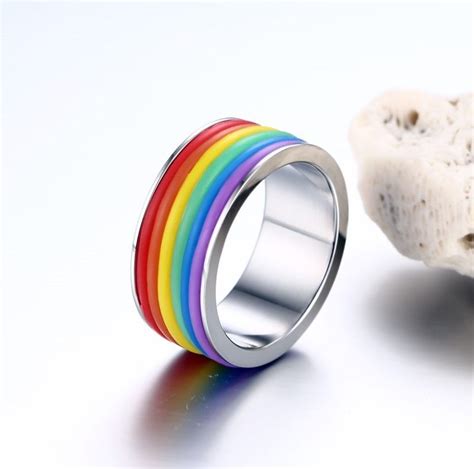 Stainless Steel And Silicone Rainbow Ring For Lgbt Pride Jewelry Gay Lesbian Wedding Engagement
