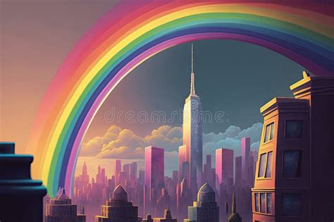 Close Up Of Rainbow With A View Of The City Skyline In The Background