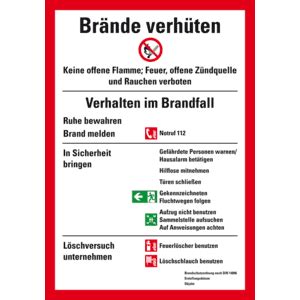 Als brandschutzordnung wird eine regelung für das verhalten der personen innerhalb eines gebäudes oder betriebes im brandfall sowie für die maßnahmen, welche brände verhüten sollen, bezeichnet. Aushang Brände verhüten, DIN 14096, Teil A, Kunststoff ...
