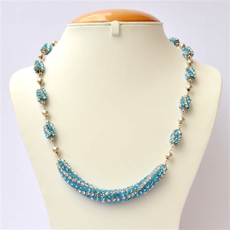 Blue Handmade Necklace Studded With White Aqua Rhinestones Maruti Beads