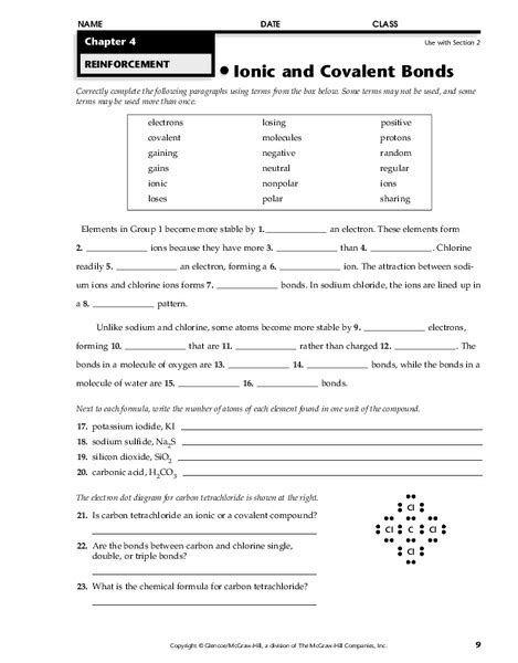 Ionic And Covalent Bonds Worksheet For 9th 11th Grade Lesson Planet