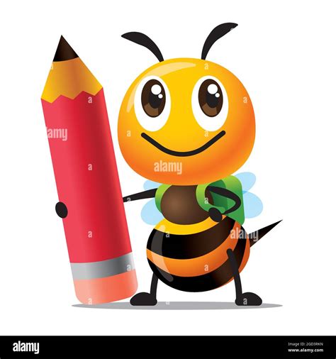 Back To School Cartoon Cute Bee Character Holding A Big Red Pencil And