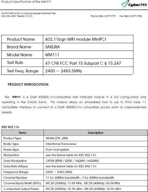 Cybertan Technology Wm Bgn Wifi Module Minipci User Manual