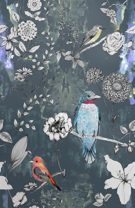 Birds And Flowers Wallpaper Luxury Hand Drawn Print