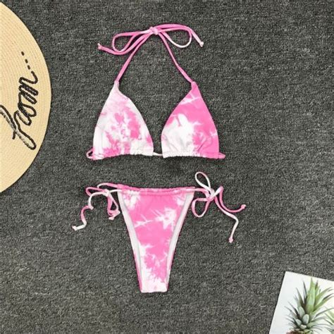 China Female Two Piece Swimsuit Rendering Print Tie Dyed Bikini Hot Beachwear Thong Tie Dye Dyed