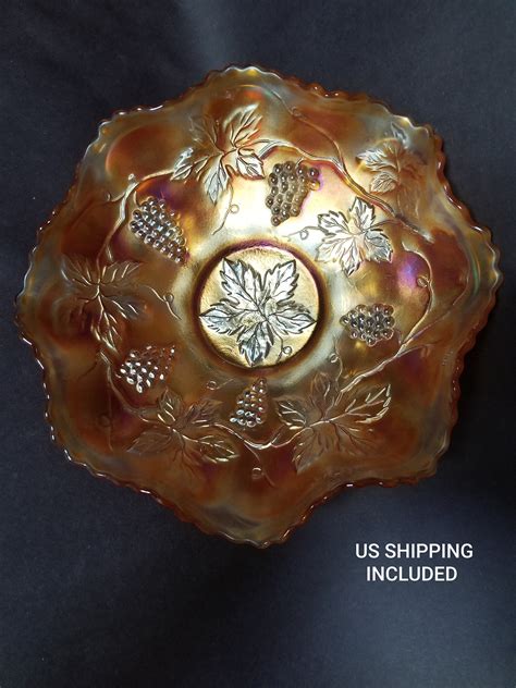 Vintage Amber Carnival Glass Candy Dish Iridescent Marigold Grapes And