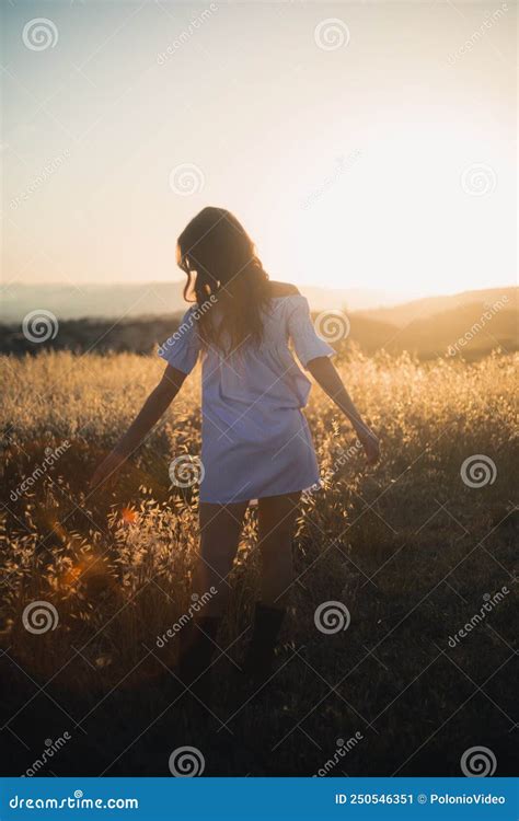 Beautiful Model Girl Poses In Nature In A Yellow Field Stock Image