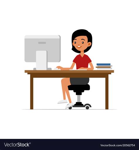 Cute Young Girl Sitting At Desk And Working On Vector Image