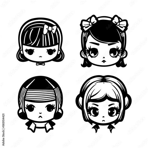 Cute Kawaii Gangster Girl Collection Set Hand Drawn Line Art