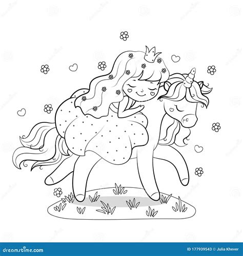 Cute Cartoon Princess Riding On Unicorn Isolated On Romantic Background With Hearts And Flowers