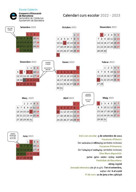 Calendari Del Curs Escola Calderón De La Barca