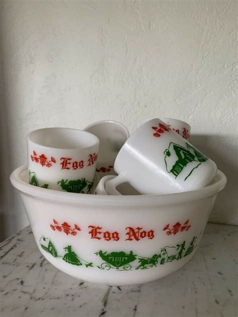 Vintage Hazel Atlas Milk Glass Christmas Egg Nog Bowl Mugs Cups Punch