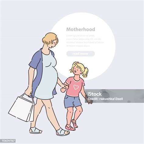 Ilustración De La Joven Mujer Embarazada Va De Compras Con Su Hija
