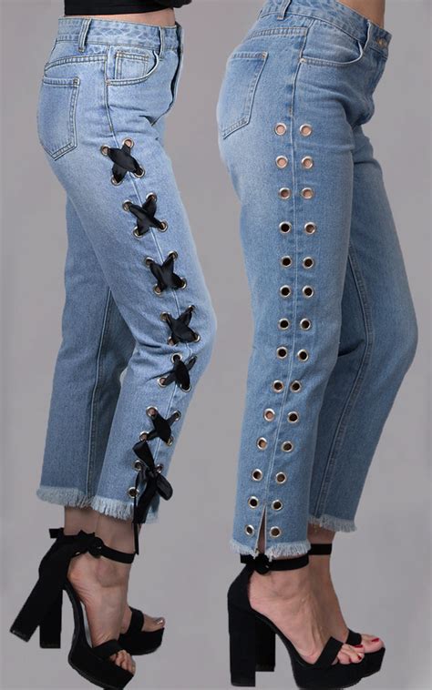 Satin Lace Up Side Denim Jeans Wear With Or Without Ribbon Pretty