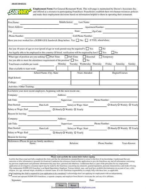 Subway Employment Application ≡ Fill Out Pdf Forms Online