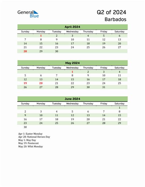 Q2 2024 Quarterly Calendar With Barbados Holidays