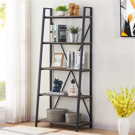 Bon Augure Industrial Ladder Shelf Rustic 5 Tier Leaning Bookshelf