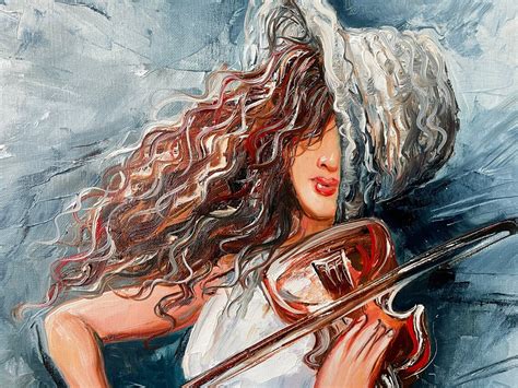 Girl Playing Violin Oil Painting Original Woman In Hat Canvas Etsy