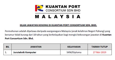 2014, jawatan kosong, job, jobfinder, kerajaan, lpktn, ogos, pahang, perjawatan. Jawatan Kosong di Kuantan Port Consortium Sdn. Bhd ...