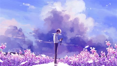 1920x1080 Animeguy Animemanga Clouds Digital Flowers Illustration Lavender Laptop Full Hd 1080p