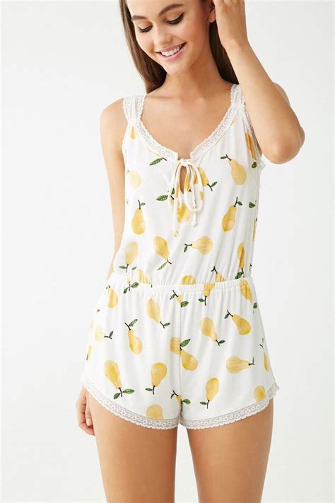 Pear Print Pajama Romper Forever 21 Stylish Pajamas Clothes For Women Rompers