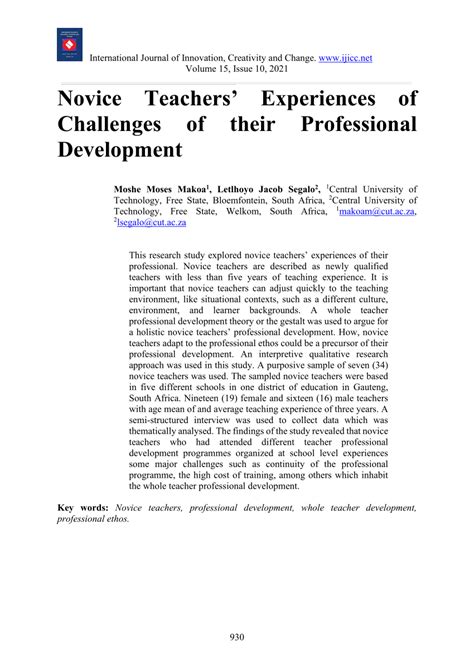 Pdf Novice Teachers Experiences Of Challenges Of Their Professional