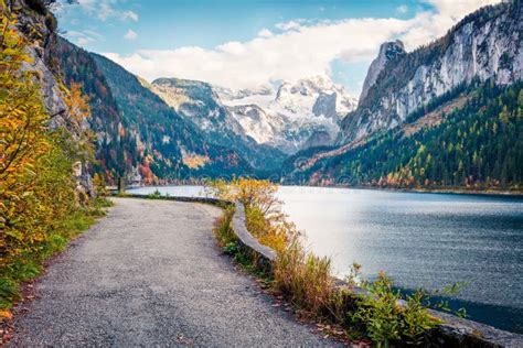 Colorful Autumn Scene Of Vorderer Gosausee Lake With Dachstein Glacier