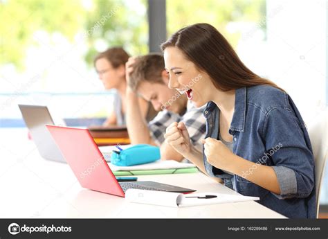 Excited Student On Line Beside A Sad Classmate — Stock Photo