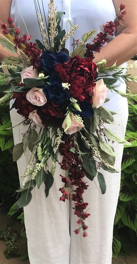 This is an original design with white real touch. Cascading Crimson & Navy Silk Bridal Bouquet-Blush-Crimson ...