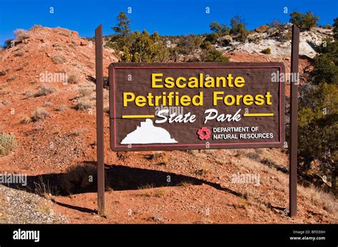 The Entrance Sign At Escalante Petrified Forest State Park Utah Stock