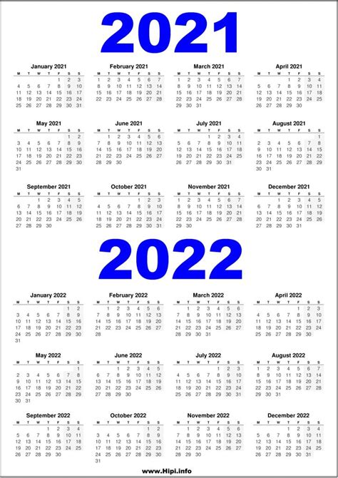2021 And 2022 Printable Calendar 2 Year Calendar