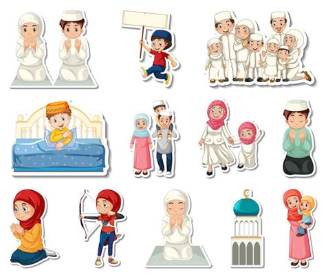 Free Vector Sticker Set Of Islamic Religious Symbols And Cartoon
