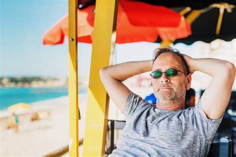 Handsome Man Resting At Seaside Beach Cafe Stock Image Image Of