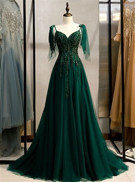 Dark Green Tulle Spaghetti Straps Beading Prom Dress Green Prom Dress Prom Dress With Train