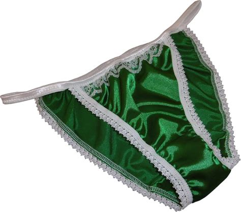 Shiny Satin String Bikini Mini Tanga Panties Emerald Green With Ivory Lace 6 Sizes Made In