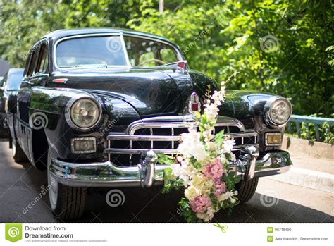 Retro Wedding Car Juicy Greens In The Background Motorcade Stock Photo