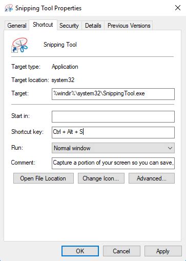 Assign Keyboard Shortcut Key To Quickly Run Windows Snipping Tool
