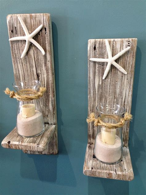 Set Of 2 Reclaimed Wood Sconces With Starfish Wall Etsy Starfish
