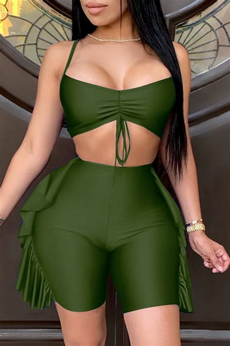Army Green Sexy Casual Solid Backless Spaghetti Strap Sleeveless Two