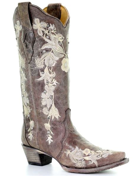 Corral Womens Flower Embroidery Western Boots Snip Toe Western
