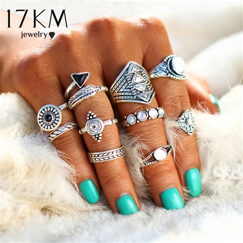 17km Fashion Leaf Stone Midi Ring Sets Vintage Crystal Opal Knuckle