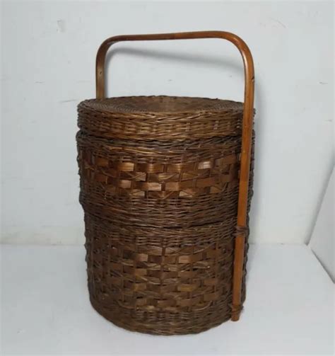 Vintage 2 Tier Chinese Asian Wedding Basket Woven Wicker Rattan Bamboocane 8550 Picclick