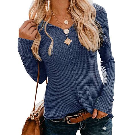 Fresh Look Womens Waffle Knit Tops Casual V Neck Tunic Solid Color Long Sleeve Shirt