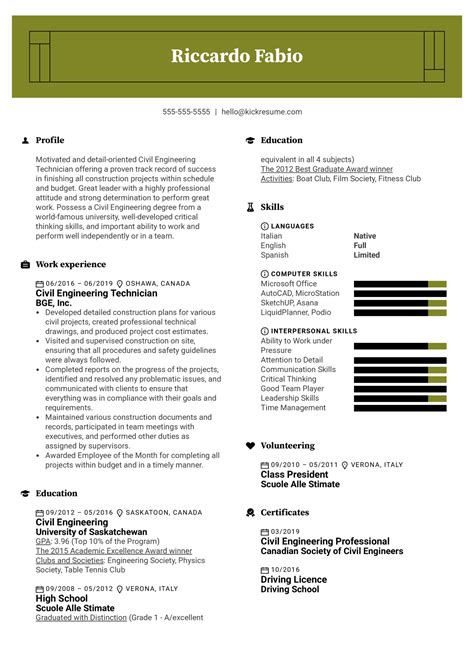 It features an engineering icon at the top and a 'blueprint' background, with a white bar highlighting both contact info and quotes from references. Resume Examples For Civil Engineers - Best Resume Examples