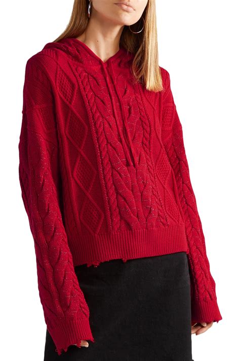 Rta Distressed Metallic Cable Knit Cotton Hooded Sweater Red Lyst