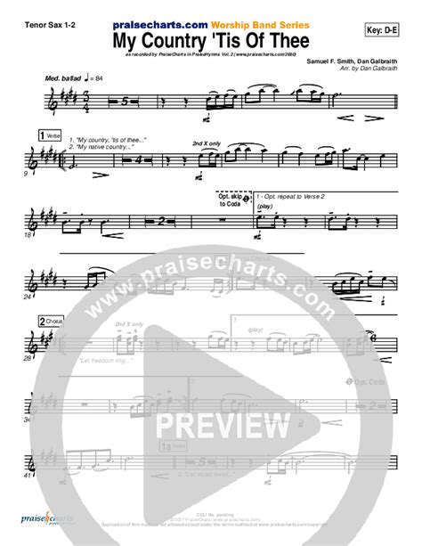 My Country Tis Of Thee Tenor Sax Sheet Music PDF PraiseCharts Band
