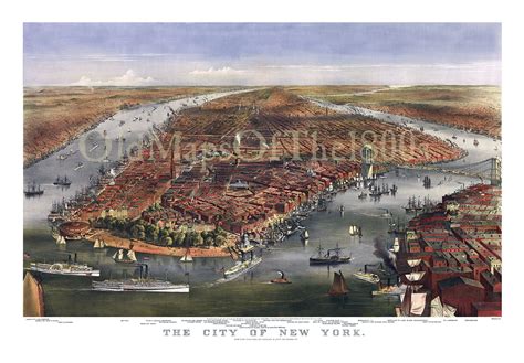 New York City In 1870 Birds Eye View Map Aerial Panorama Vintage